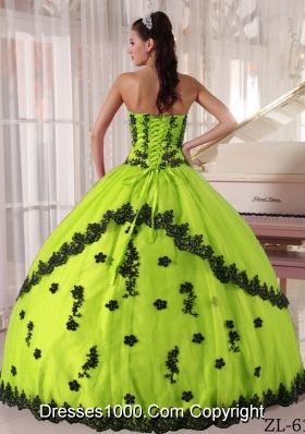 2014 Spring Quinceanera Gowns with Black Appliques Strapless Floor-length