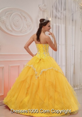 Appliqued and Ruffled Yellow Quinces Dresses Sweetheart Organza