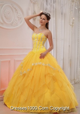 Appliqued and Ruffled Yellow Quinces Dresses Sweetheart Organza