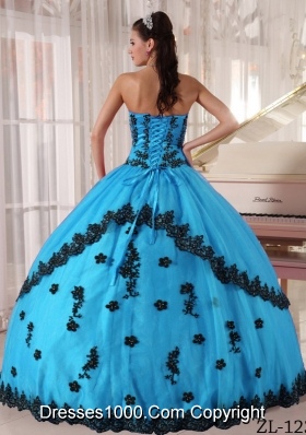 Aqua Blue Ball Gown Strapless Floor-length Quinceanera Dress with Appliques