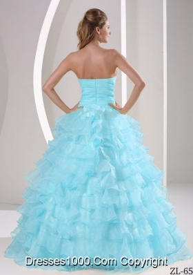 Aqua Blue Ruffles Sweetheart Appliques and Ruching Quinceaners Gowns For Military Ball