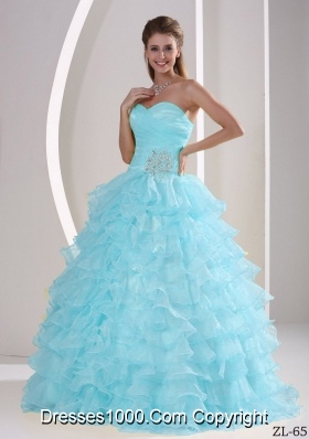 Aqua Blue Ruffles Sweetheart Appliques and Ruching Quinceaners Gowns For Military Ball