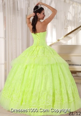 Beautiful Yellow Green Quinceanera Gown Sweetheart Organza Appliques