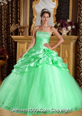 Cute Apple Green Ball Gown with Beading and Hand MadeFlower Quinceanera Dress