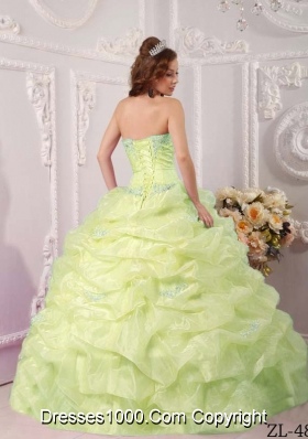 Exclusive  Strapless Organza Appliques and Pick-ups Yellow Green Dress For Quinceanera