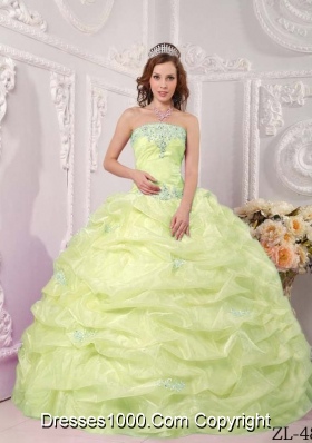 Exclusive  Strapless Organza Appliques and Pick-ups Yellow Green Dress For Quinceanera