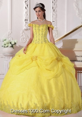 Off The Shoulder Appliques and Hand Made Flowers Yellow Quinceanera Gowns