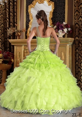 One Shoulder Organza  Yellow Green Sweet 15 Dresses with Beading and Ruffles