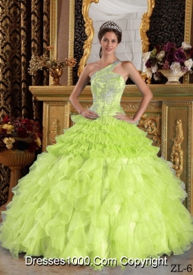 One Shoulder Organza  Yellow Green Sweet 15 Dresses with Beading and Ruffles