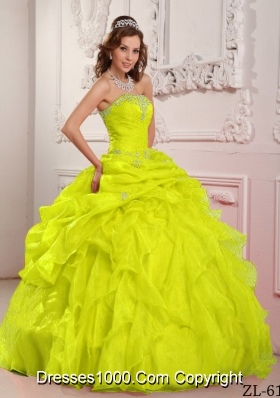Organza Yellow Green Beading Sweet 16 Dresses with  Strapless