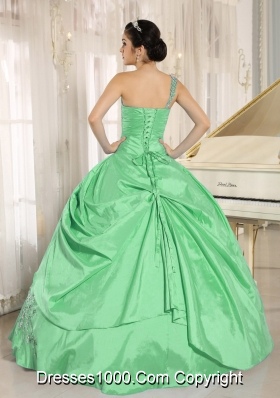 Perfect Green One Shoulder Appliques and Beading Quinceanera Dress