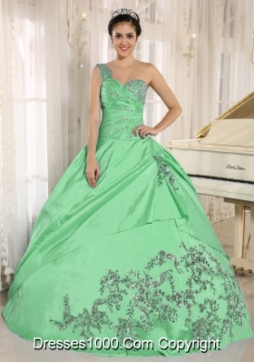 Perfect Green One Shoulder Appliques and Beading Quinceanera Dress