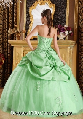 Perfect Quinceanera Dress in Apple Green Ball Gown Strapless with Beading and Hand Made Flower