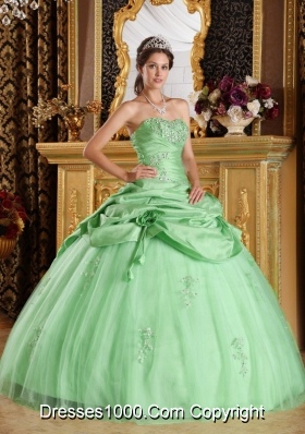 Perfect Quinceanera Dress in Apple Green Ball Gown Strapless with Beading and Hand Made Flower