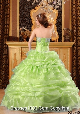 Pick-ups Sweetheart Organza Appliques Yellow Green Dress For Quinceaneras