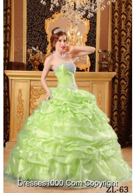 Pick-ups Sweetheart Organza Appliques Yellow Green Dress For Quinceaneras