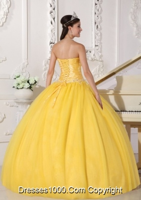 Puffy Strapless Appliques Quinceanera Gowns in Yellow