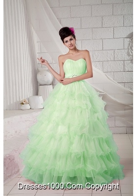 Quinceanea Dress in Apple Green Sweetheart Ball Gown with Beading and Ruffles