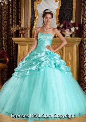 Quinceanera Dress in Baby Blue Ball Gown with Beading and Hand Made Flowers