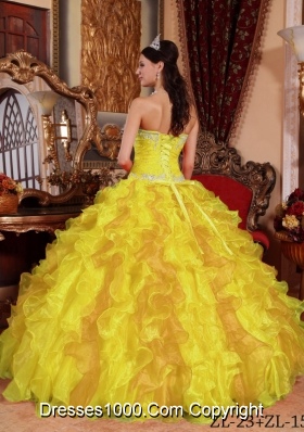 Ruffled Yellow Sweet Sixteen Dresses with Appliques and Beading Sweetheart Organza