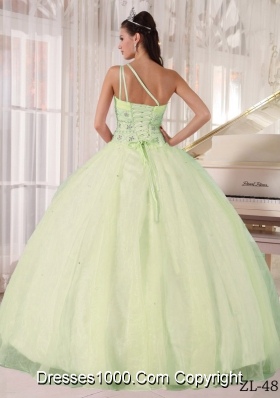 Simple One Shoulder Tulle Puffy Quinceanera Dresses with Beading