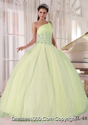 Simple One Shoulder Tulle Puffy Quinceanera Dresses with Beading