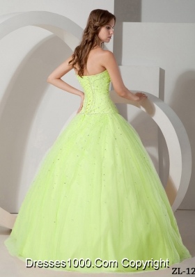 Simple Strapless Yellow Green Sweet 15 Dresses with Beading Tulle