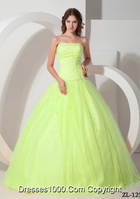 Simple Strapless Yellow Green Sweet 15 Dresses with Beading Tulle