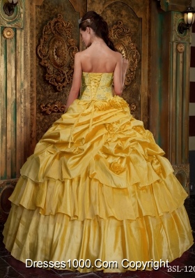 Strapless Beading and Hand Made Flowers Yellow Quinceanera Gown Dresses