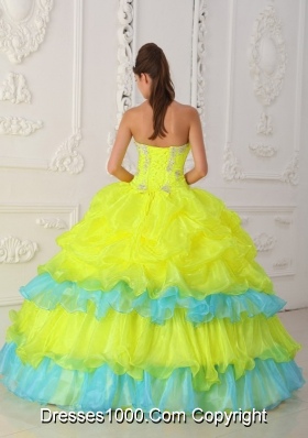 Strapless Organza Yellow Quinceanera Dresses with Beading and Pick-ups