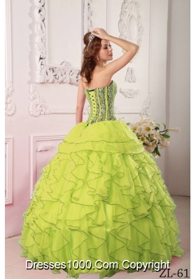 Sweetheart Organza Yellow Green Sweet 15 Dresses with Beading and Ruffles