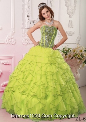 Sweetheart Organza Yellow Green Sweet 15 Dresses with Beading and Ruffles