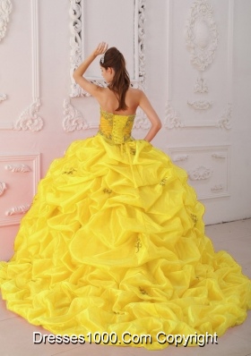 Sweetheart Yellow Court  Train Quinceanera Dress with Beading and Embroidery