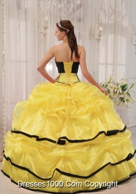 Yellow and Black Strapless Organza Quinceanera Gown Dresses with Beading