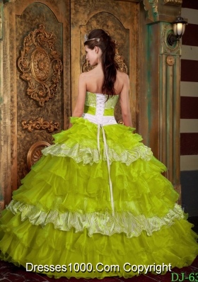 Yellow Green Organza and Zebra Sweet Sixteen Dresses with Ruffles