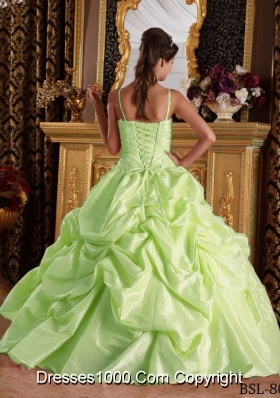 Yellow Green Spaghetti Straps Beading and Appliques Dresses For a Quinceanera