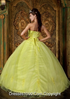 Yellow Green Strapless Appliques Discount Dresses For Quinceaneras