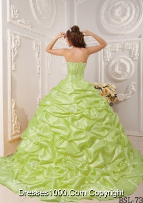 Yellow Green Strapless Court Train Quinceaneras Dress with  Appliques and Pick-ups