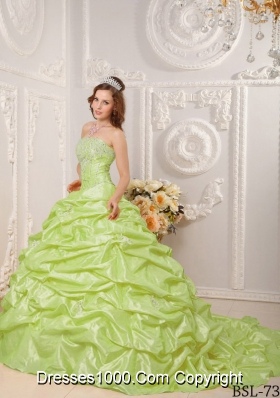 Yellow Green Strapless Court Train Quinceaneras Dress with  Appliques and Pick-ups