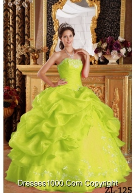 Yellow Green Strapless Embroidery Organza Dresses For a Quinceanera