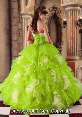 Yellow Green Sweetheart Organza Sweet 16 Dresses with Beading and Ruffles