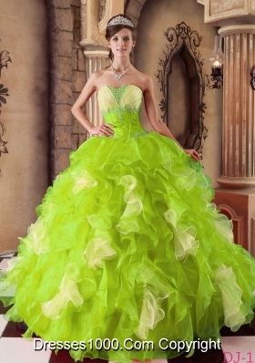 Yellow Green Sweetheart Organza Sweet 16 Dresses with Beading and Ruffles
