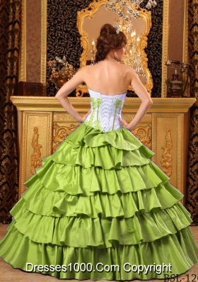 Yellow Green Sweetheart Ruffles and Embroidery Dresses For 15