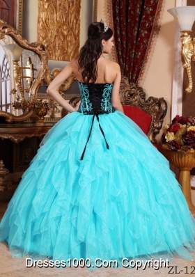 Aqua Blue Ball Gown Sweetheart Organza Embroidery  Quinceanera Dress  with Beading