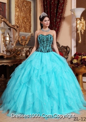 Aqua Blue Ball Gown Sweetheart Organza Embroidery  Quinceanera Dress  with Beading