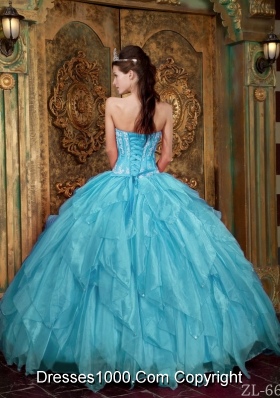 Gorgeous Ball Gown Strapless Appliques Organza New Style Aqua Blue Quinceanera Dress