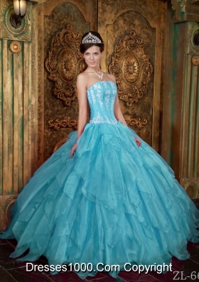 Gorgeous Ball Gown Strapless Appliques Organza New Style Aqua Blue Quinceanera Dress