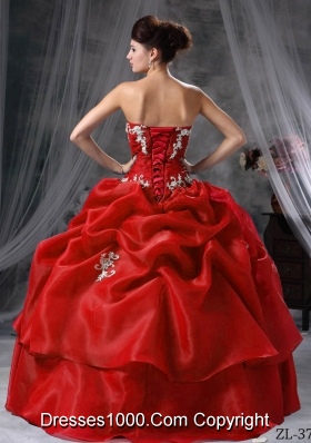 Puffy Sweetheart Organza Appliques Wine Red Dress For Quinceaneras