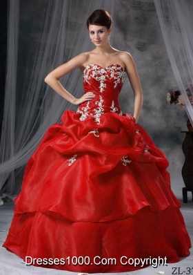Puffy Sweetheart Organza Appliques Wine Red Dress For Quinceaneras