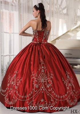 Puffy Wine Red Strapless Satin Embroidery Dresses For 2014